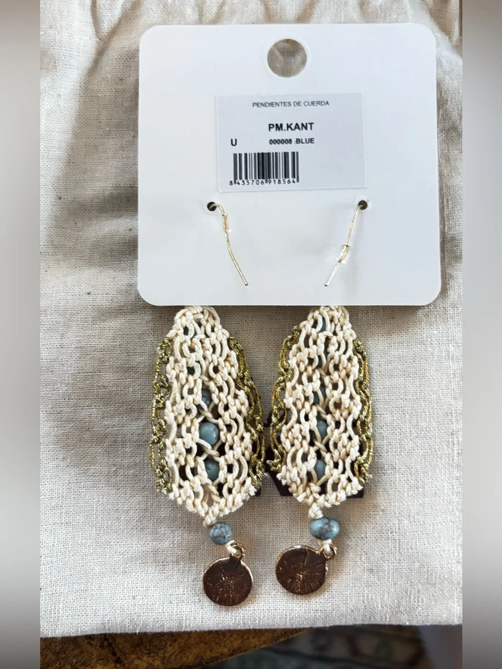 NWT NKN Nekane Kant Boho Macrame Dangle Earrings Turquoise Beads Gold